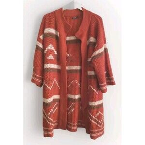 Theme Long Knit Cardigan Women's Medium Red Aztec Southwestern Wool Blend